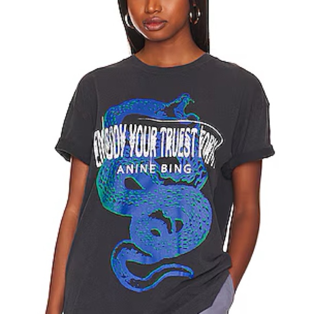 Anine Bing Walker Charcoal Tee with Vibrant Blue Snake